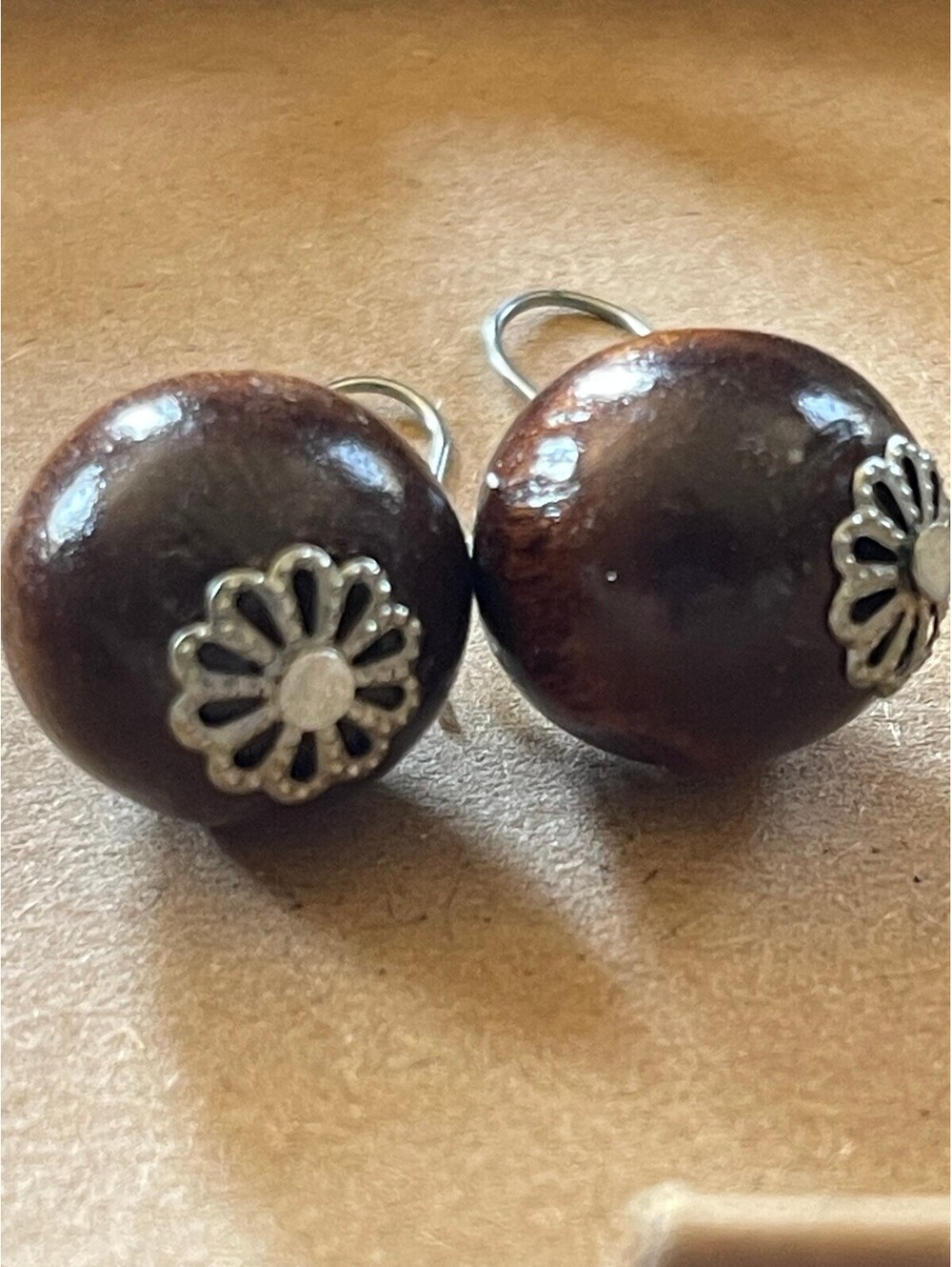 Handcrafted Wooden Beaded Dangle Earrings with Silver Floral Accents-Boho Vibe